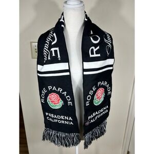 Tournament of Roses Rose Parade Scarf Black White Souvenir Knit Fringe Americana